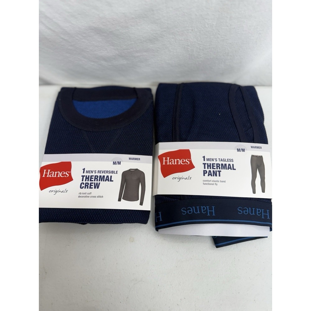 Hanes Men's Blue Reversible Thermal Crew And Thermal Pants Size Medium